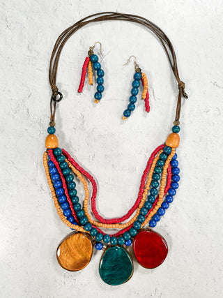Multi Strand Beaded & 3 Resin Drop Necklace & Earrings Set, Multi