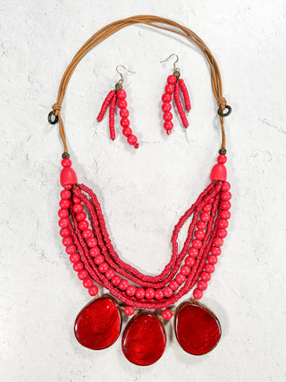 Multi Strand Beaded & 3 Resin Drop Necklace & Earrings Set, Red/Gold