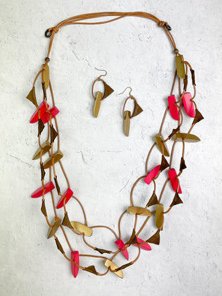 2 Strand Wood Bead & Leather Accent Necklace & Earrings Set, Gold/Red