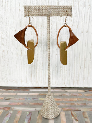 2 Strand Wood Bead & Leather Accent Necklace & Earrings Set, Gold/Red