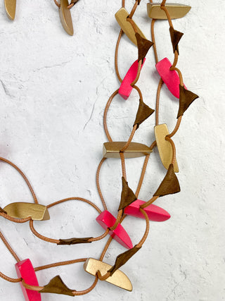 2 Strand Wood Bead & Leather Accent Necklace & Earrings Set, Gold/Red