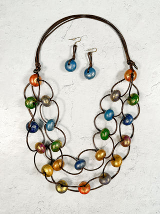 International Durus Jewelry Sets 2 Strand Wood Bead & Links Necklace & Earrings Set, Brown/Multi - Statement Boutique