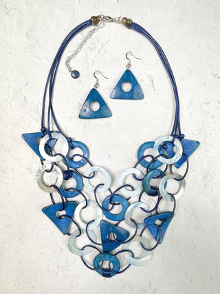 International Durus Jewelry Sets 3 Strand Wood & Shell Shapes Necklace & Earrings Set, Blue - Statement Boutique