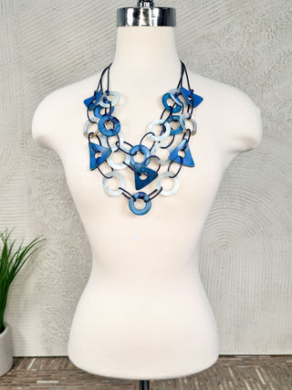 International Durus Jewelry Sets 3 Strand Wood & Shell Shapes Necklace & Earrings Set, Blue - Statement Boutique