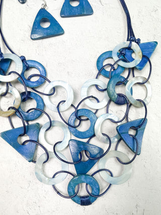 International Durus Jewelry Sets 3 Strand Wood & Shell Shapes Necklace & Earrings Set, Blue - Statement Boutique