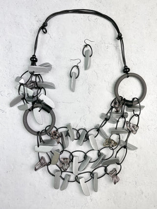 Asymmetric Ring & Wood Necklace, Black/Silver