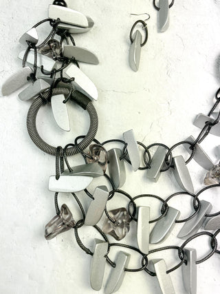 Asymmetric Ring & Wood Necklace, Black/Silver