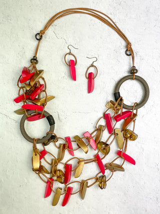 Asymmetric Ring & Wood Necklace, Gold/Red