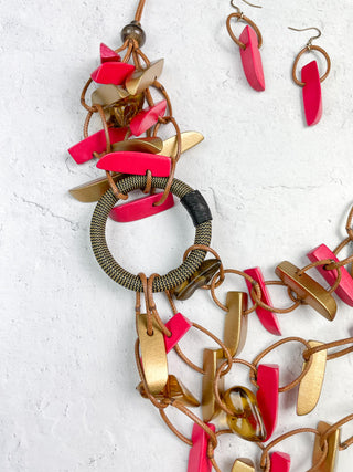 Asymmetric Ring & Wood Necklace, Gold/Red