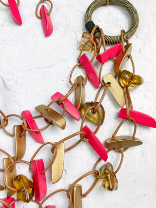Asymmetric Ring & Wood Necklace, Gold/Red