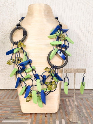 International Durus Jewelry Sets Asymmetric Ring & Wood Necklace & Earrings Set, Lime/Blue - Statement Boutique