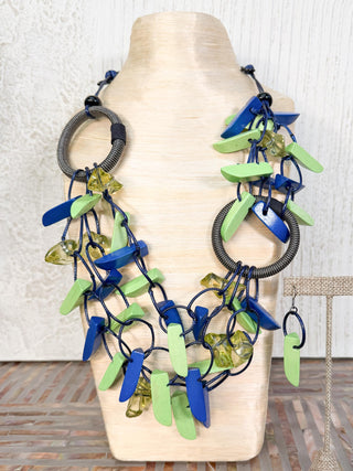 International Durus Jewelry Sets Asymmetric Ring & Wood Necklace & Earrings Set, Lime/Blue - Statement Boutique