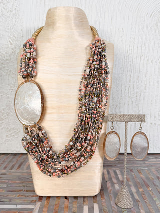 International Durus Jewelry Sets Beaded Necklace with Resin Shell Accent Necklace & Earrings Set, Natural - Statement Boutique