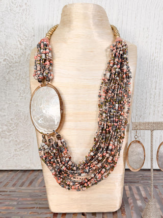 International Durus Jewelry Sets Beaded Necklace with Resin Shell Accent Necklace & Earrings Set, Natural - Statement Boutique