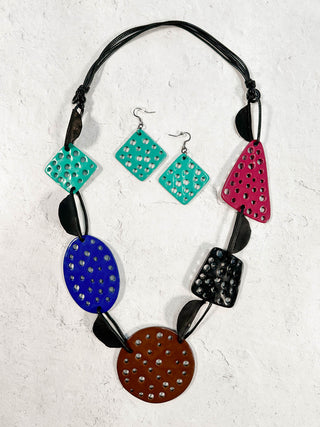 International Durus Jewelry Sets Cutout Shapes Cord Link Necklace & Earrings Set, Black/Multi - Statement Boutique