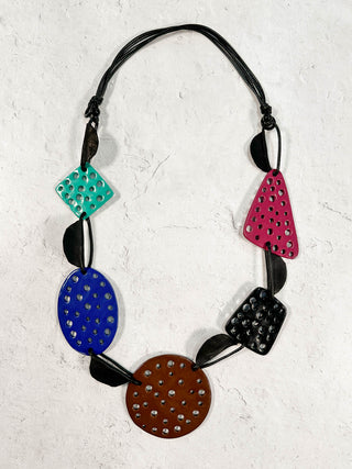 International Durus Jewelry Sets Cutout Shapes Cord Link Necklace & Earrings Set, Black/Multi - Statement Boutique