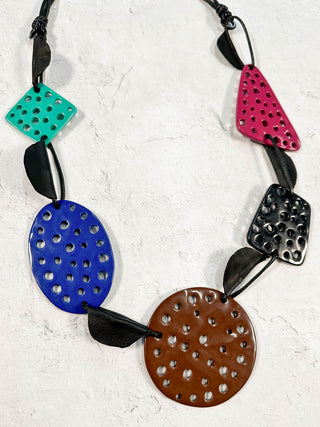 International Durus Jewelry Sets Cutout Shapes Cord Link Necklace & Earrings Set, Black/Multi - Statement Boutique