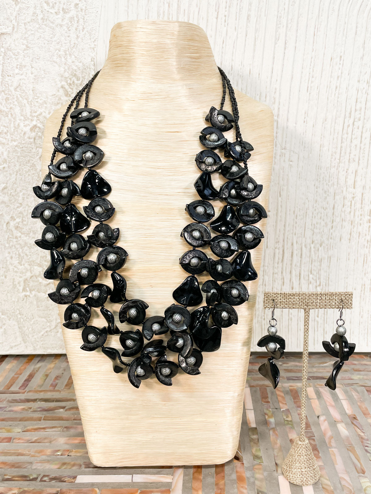 International Durus Jewelry Sets 3 Strand Half Moon Beaded Necklace & Earrings Set, Black - Statement Boutique