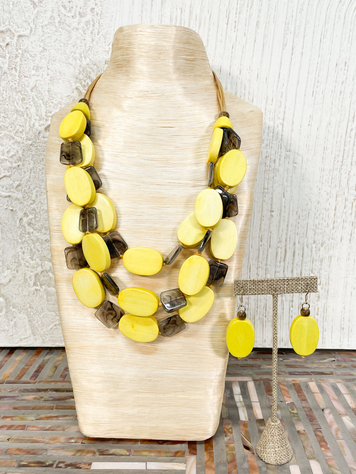 International Durus Jewelry Sets 3 Strand Oval & Resin Squares Necklace & Earrings Set, Yellow - Statement Boutique