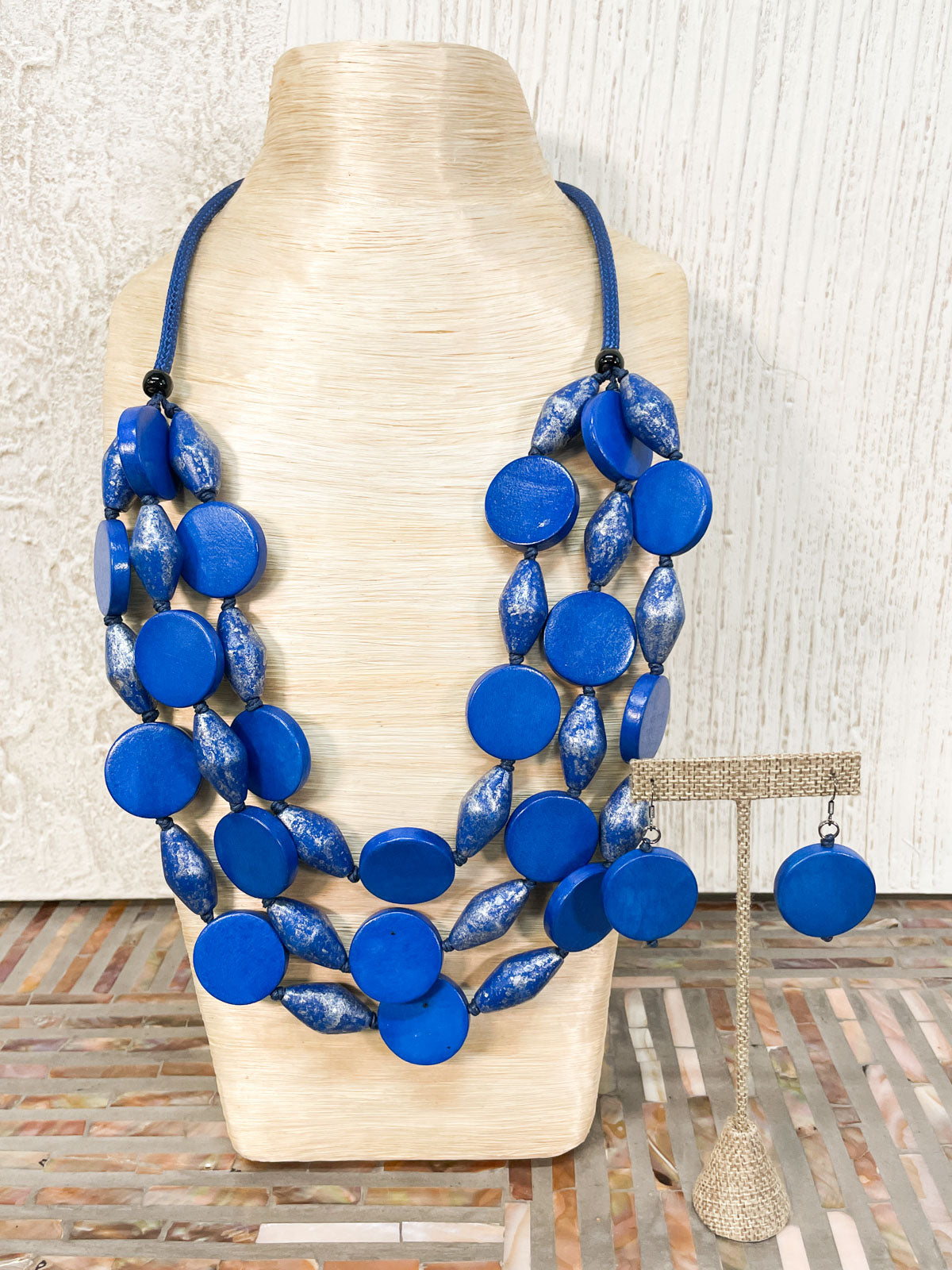 International Durus Jewelry Sets 3 Strand Round Wooden Bead Necklace & Earrings Set, Blue - Statement Boutique