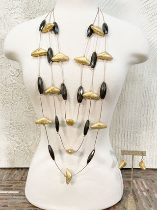 International Durus Jewelry Sets 3 Strand Wood & Resin Necklace & Earrings Set, Gold - Statement Boutique