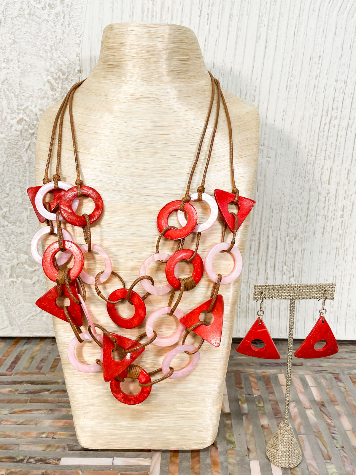 International Durus Jewelry Sets 3 Strand Wood & Shell Shapes Necklace & Earrings Set, Orange - Statement Boutique