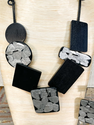 International Durus Jewelry Sets Inlay Resin Shapes Necklace & Earrings Set, Black/Silver - Statement Boutique