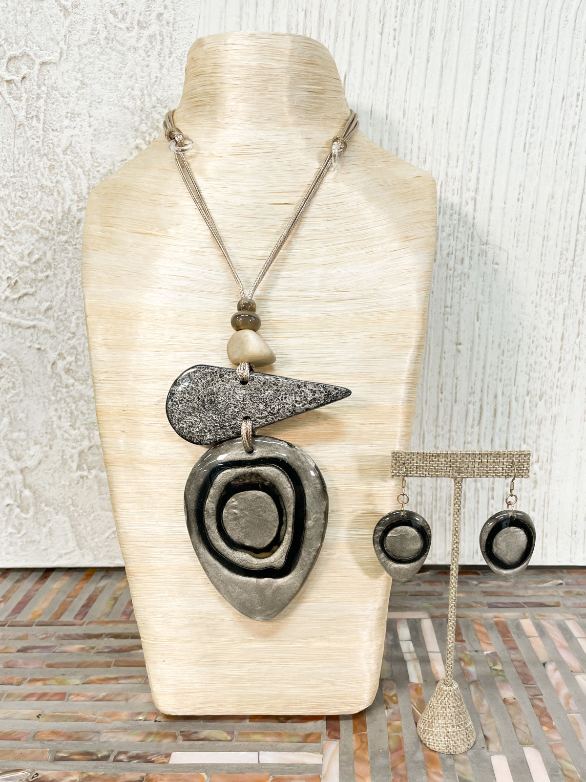 International Durus Jewelry Sets Mixed Shapes Resin Pendant Necklace & Earrings Set, Taupe - Statement Boutique