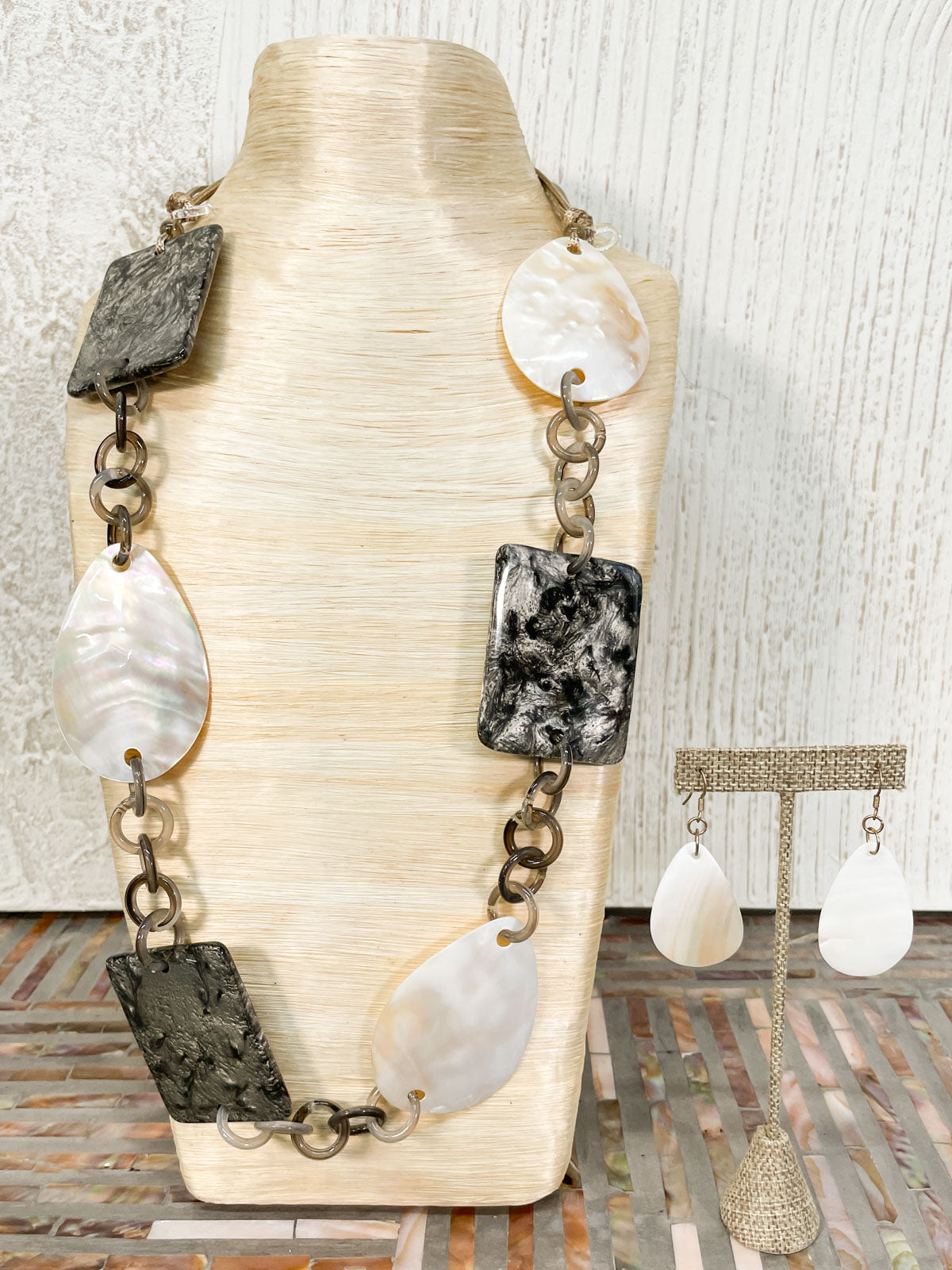 International Durus Jewelry Sets Rectangle & Teardrop Resin Necklace & Earrings Set, Taupe/Cream - Statement Boutique