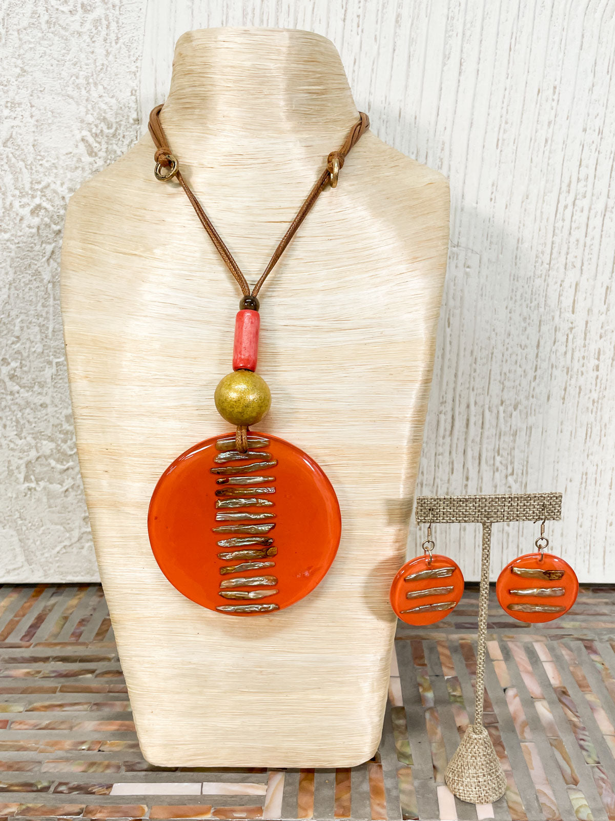 International Durus Jewelry Sets Round Resin Pendant Necklace & Earrings Set, Orange - Statement Boutique