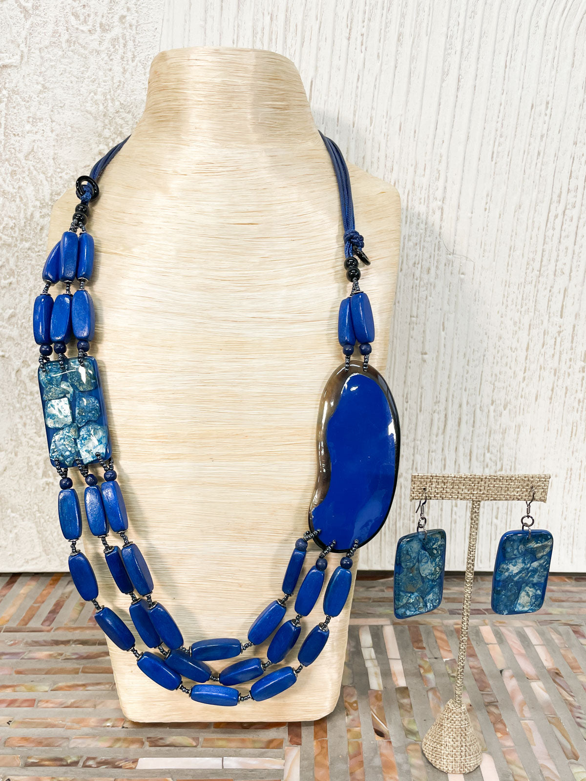 International Durus Jewelry Sets Shell Inlay Resin & Wood Necklace & Earrings Set, Blue - Statement Boutique