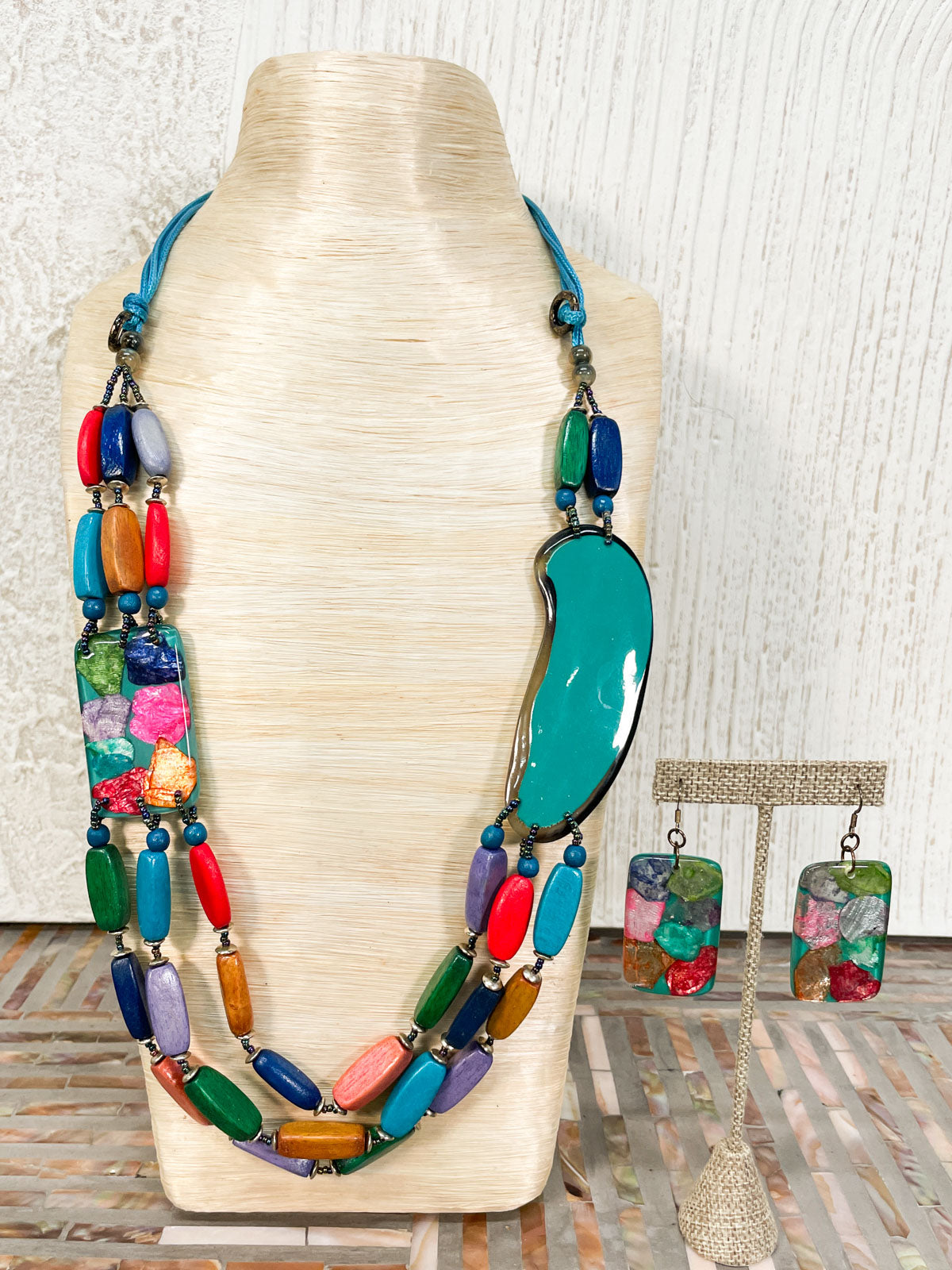 International Durus Jewelry Sets Shell Inlay Resin & Wood Necklace & Earrings Set, Turquoise Multi - Statement Boutique