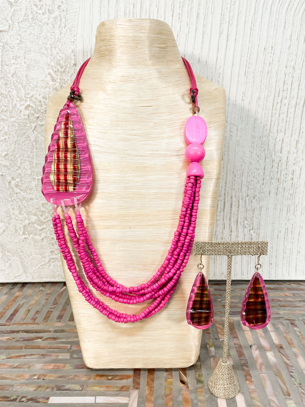 International Durus Jewelry Sets Teardrop Accent Resin & Bead Necklace & Earrings Set, Pink - Statement Boutique