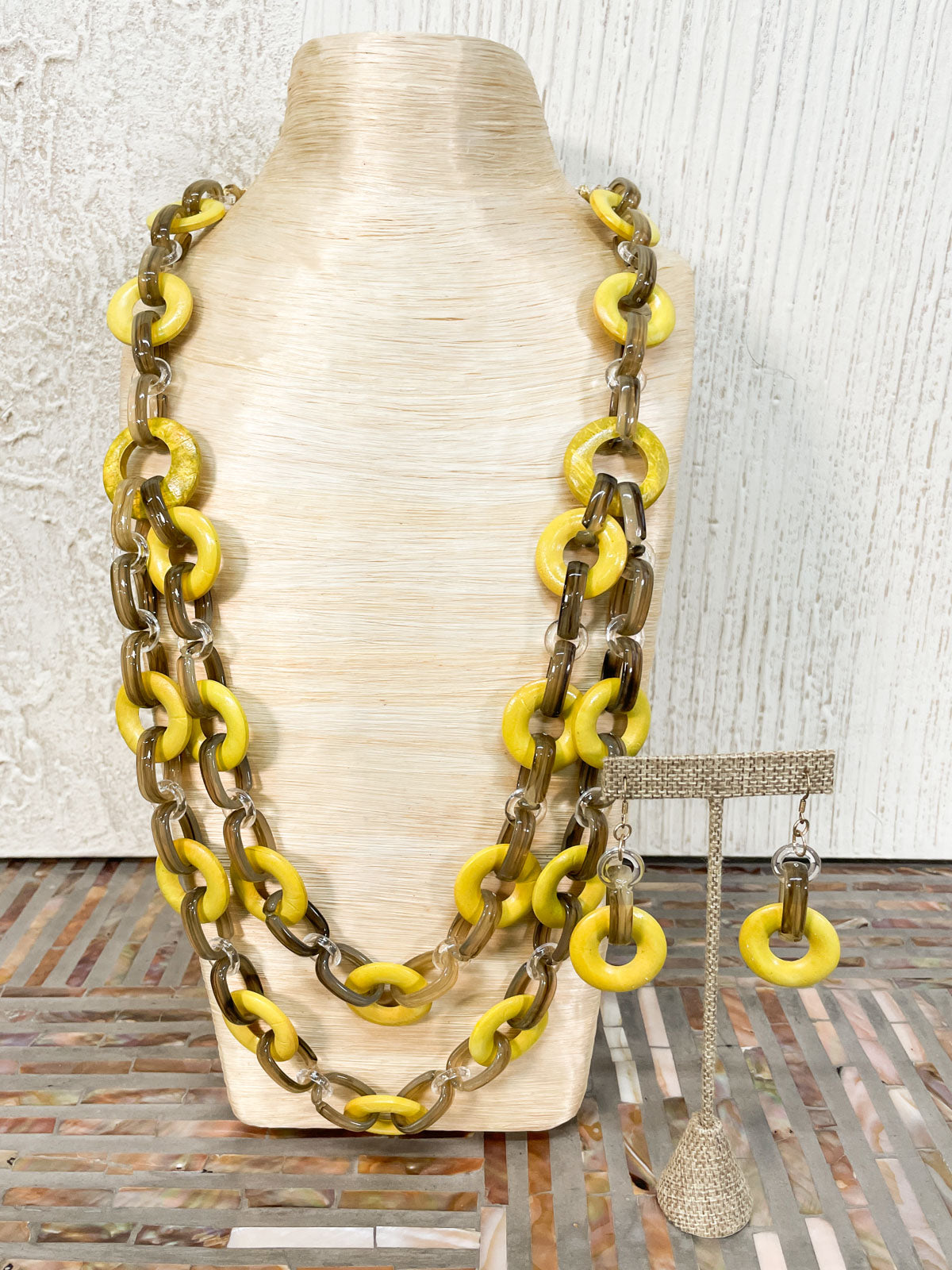 International Durus Jewelry Sets Wood Donuts & Resin Link Necklace & Earrings Set, Yellow - Statement Boutique