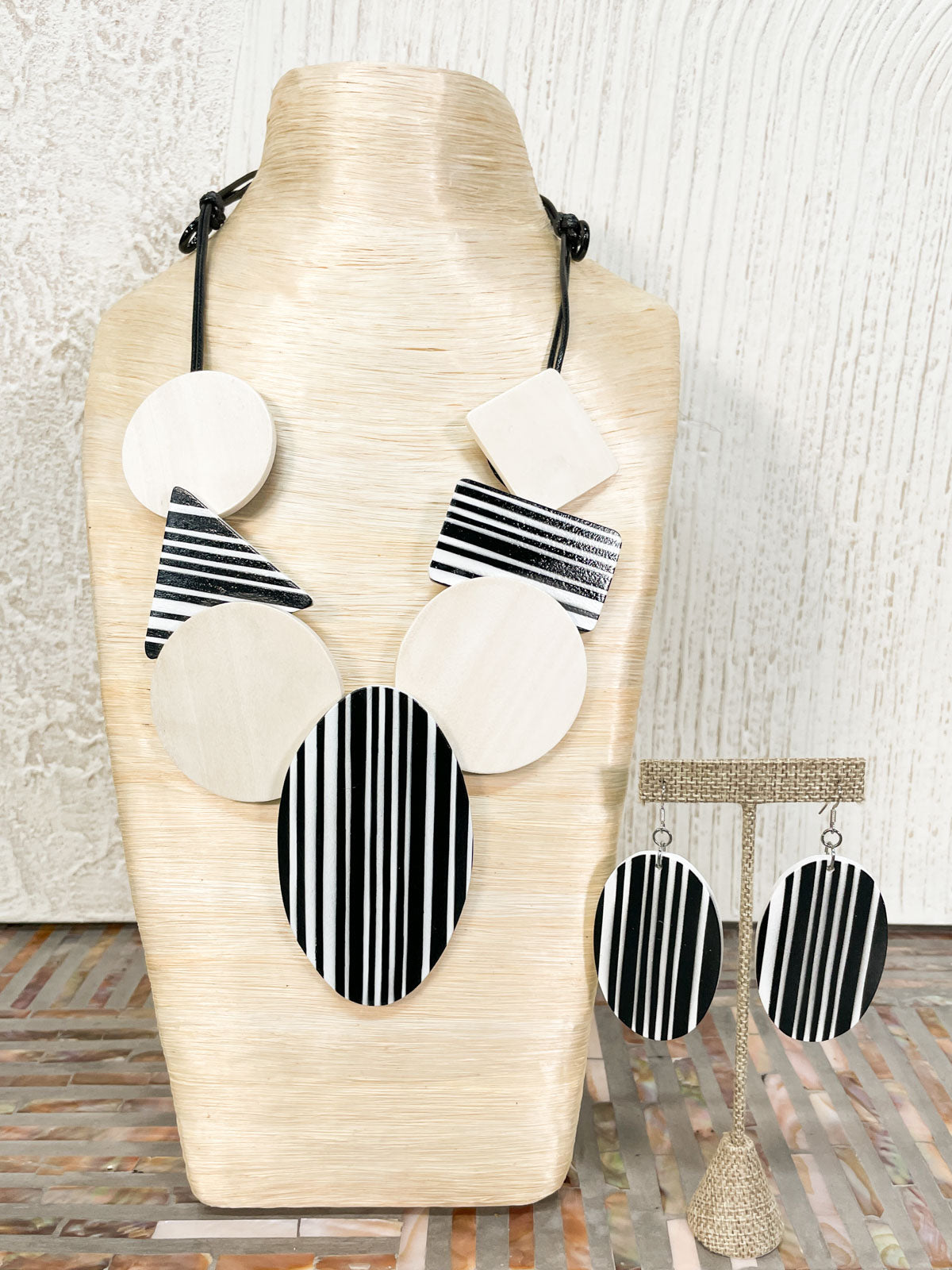 International Durus Jewelry Sets Wood Stripes & Shapes Necklace & Earrings Set, Cream/Black - Statement Boutique