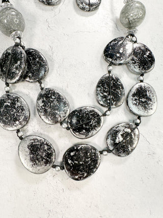 Large Wood Bead & Resin Ball Necklace & Earrings Set, Black/Silver
