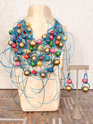 International Durus Jewelry Sets Layered Cord & Wooden Bead Necklace & Earrings Set, Turquoise Multi - Statement Boutique