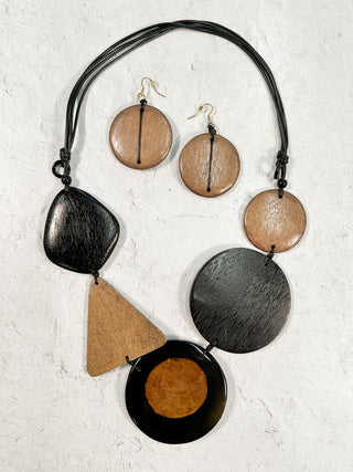 International Durus Jewelry Sets Mixed Wood Shapes Necklace & Earrings Set, Black/Brown - Statement Boutique