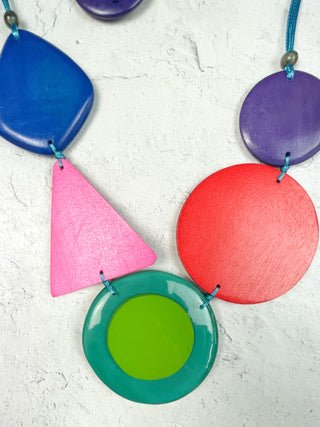 Mixed Wooden Shapes on Cord Necklace & Earrings Set, Turquoise/Multi
