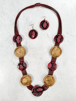 Multi Strand Resin Station Necklace & Earrings Set, Wine