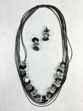 Multi Strand Wood Bead Necklace & Earrings Set, Black/Silver