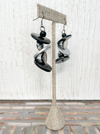 Multi Strand Wood Bead Necklace & Earrings Set, Black/Silver