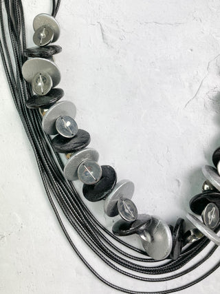 Multi Strand Wood Bead Necklace & Earrings Set, Black/Silver