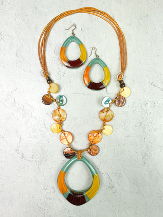 Resin & Shell Drop Necklace & Earrings Set, Orange/Turquoise Multi