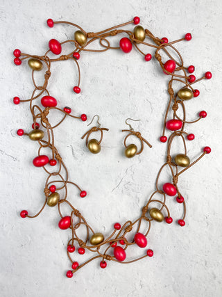Round Bead & Tied Links Necklace & Earrings Set, Gold/Red