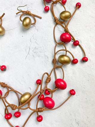 Round Bead & Tied Links Necklace & Earrings Set, Gold/Red