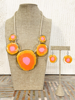 International Durus Jewelry Sets Round Resin Circles Necklace & Earrings Set, Pink/Orange/Yellow - Statement Boutique