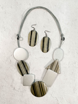 International Durus Jewelry Sets Striped Wood Shapes Necklace & Earrings Set, Silver/Grey - Statement Boutique