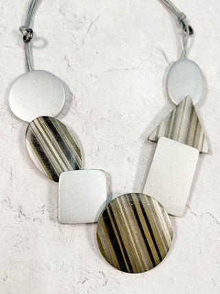 International Durus Jewelry Sets Striped Wood Shapes Necklace & Earrings Set, Silver/Grey - Statement Boutique