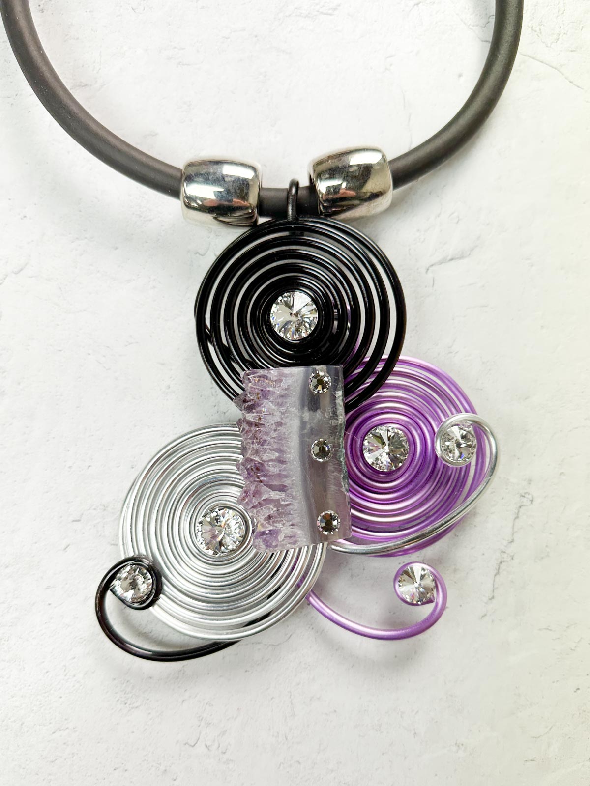 Jeff Lieb Total Design Jewelry Amethyst Trio Wire Pendant Necklace, Purple/Silver/Black - Statement Boutique